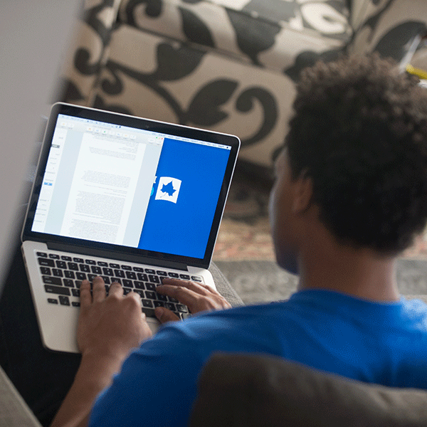 A male student wearing a blue shirt, shown from behind, types on a laptop