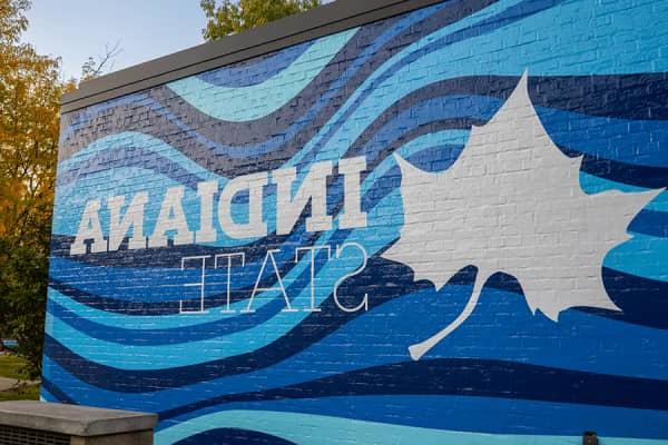 Wall mural featuring the text 'Indiana State' alongside a stylized white maple leaf. The background consists of wavy blue patterns, creating a dynamic and vibrant design. Trees are visible in the background under a clear sky.